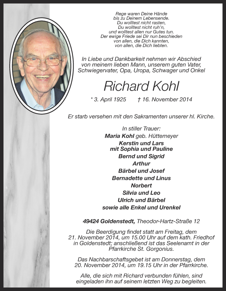  Traueranzeige für Richard Kohl vom 17.11.2014 aus OM-Medien